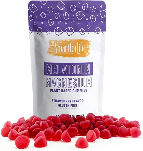 [BRSWYZL3BEPRMETJ] SMART FOR LIFE Melatonin Gummies 5mg W/Magnesium - 60 Count - Plant Based Vegan Melatonin Gummies - Strawberry Flavor Sleep Gummies - Heart & Bone Health Dietary Supplement - Adult Melatonin Gummies