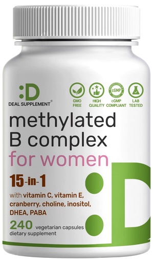 [BRSRG2T6BYBRYF3X] DEAL SUPPLEMENT Methylated B Complex for Women, 240 Vegetarian Capsules | 15-in-1 Bioactive Formula with Methylated & Activated B Vitamins Plus Inositol, Cranberry, Choline, PABA & DHEA | Non-GMO