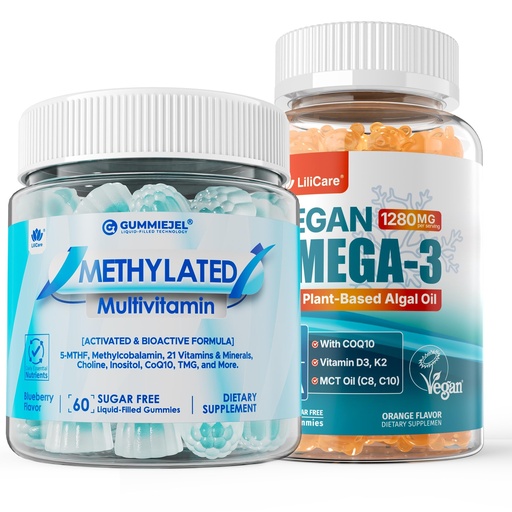 [BRSREAI3AUOWE3A6] Methylated Multivitamin Gummies 1 Pack with Vegan Omega-3 Gummies 2 Pack
