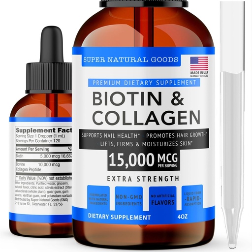 [BRSW22TRPMCQOF3U] Super Natural Goods Biotin " Collagen Vitamins - Hair Loss, Gut Health, Anti-Aging, Skin Care " Nails - Made in USA, Non-GMO " Cruelty Free (4 Ounce- 15,000mcg)