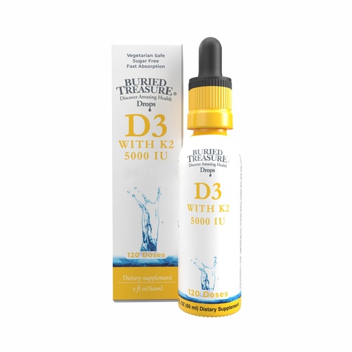 [BRSROEAYCFYAAG3L] Buried Treasure Vitamin D3 & K2 Drops - 5000 IU D3 with 100 mcg K2 for Bone, Heart & Immune Support, Sugar Free, 2 fl oz