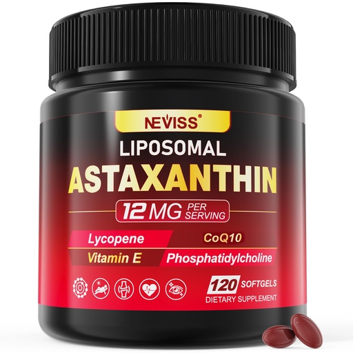 [BRSRGBIFBUBB6FD4] Liposomal Astaxanthin Supplements 12mg w/ Lycopene, CoQ10, Lutein, Vitamin B6, E, Zinc, Coconut Oil - Fresh Microalgae Source Powerful Antioxidants for Healthy Skin, Eyes, Aging, Non GMO- 120 Softgels