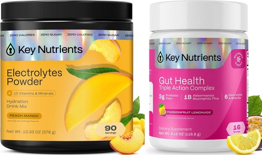 [BRSRGCA6BVYQI3YU] KEY NUTRIENTS Electrolytes Powder Bundle, Peach Mango 90 Servings + Gut Health Hydration Passionfruit Lemonade 16 Servings, Sugar Free Hydration Drink Mix with Vitamins, Minerals & Prebiotic Fiber
