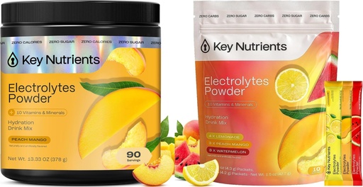 [BRSRGCAROUHWO2DP] KEY NUTRIENTS Electrolytes Powder Bundle, Peach Mango 90 Servings + Variety Pack Electrolyte Packets 10 Count, Sugar Free Hydration Drink Mix with Vitamins & Minerals