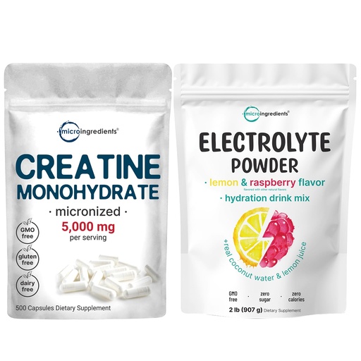 [BRSRE2Y3BYFRAHI2] Micro Ingredients Hydration Electrolyte Powder & Creatine Monohydrate Capsules | 2 Pack Bundle | High Potassium 1,000mg + Lemon Raspberry Flavor | Micronized Creatine Pills + Easily Absorbed