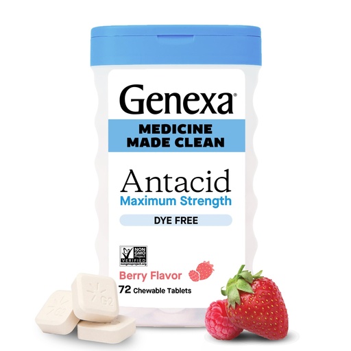[BRSWGEDQCN4GEDTH] Genexa Clean Antacid Chewable Tablets | Maximum Strength Calcium Carbonate for Heartburn, Acid Indigestion & Upset Stomach Relief | Dye Free, 0% Artificial Additives | Berry Flavor Chewables, 72ct
