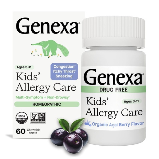 [BRSWKFAKA4CWGHTM] Genexa Kids Allergy Care | Drug Free, Non-Drowsy Children's Allergy & Decongestant Remedy | Vegan & Non-GMO | Homeopathic Relief Made Clean | Organic Acai Berry Flavor | 60 Chewable Tablets Ages 3-11