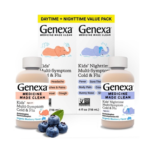 [BRSRAZQOBF6GCE3Z] Genexa Kids' Clean Cold & Flu Relief Day/Night Multi-Symptom, Dye Free, 0% Artificial Additives, Children's Liquid Pain, Fever & Cough Medicine, Ages 4-11, Organic Blueberry Flavor, 8 fl oz (2 Pack)
