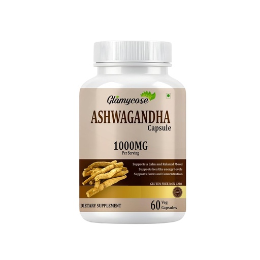 [BRSREHT3BUARS3A6] Ashwagandha Capsules, 1000mg, 60 Count, Veg Supplement for Calm Mood, Focus, Energy