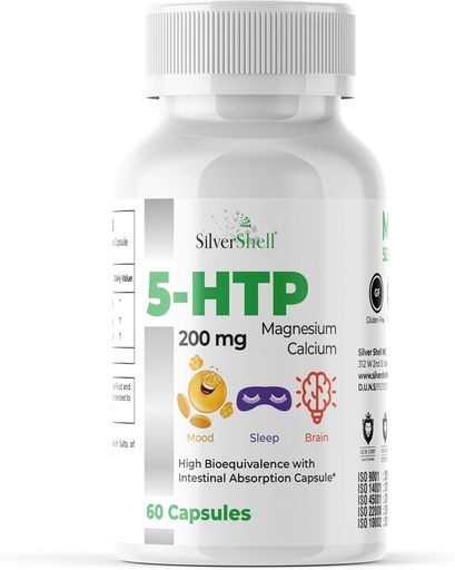 [BRSRAGATCB6QYYI3] 5-HTP 200 MG Plus kalsium og magnesium for humør, søvn og hjernefunksjoner – 1 kapsel per servering, 60 kapsler