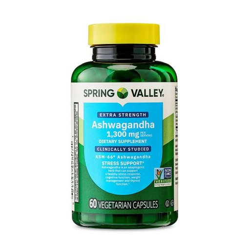 [BRSRGGQZCN5R4ELG] H4U Spring Valley Extra Strength Ashwagandha Supplement, 1300 mg per Serving, 60 Vegetarian Capsules (Capsule - Unflavored)