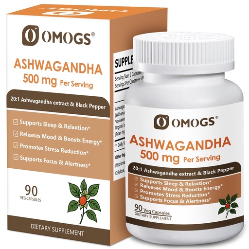 [BRSRE23RAQIAK3L6] OMOGS Organic Ashwagandha, Pure Herb Extract, Added Black Pepper, High Absorption, for Boosts Energy, Sleep, Focus, Stress Relief.& Immune Support, Non-GMO, 90 Vegetable Capsules