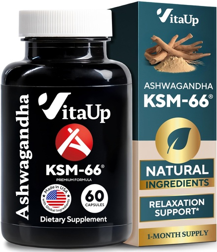 [BRSRAAIOCEHWOCT5] VitaUp Ashwagandha KSM 66 with Black Pepper - USA Made KSM-66 Ashwagandha Supplements for Energy, Relaxation and Normal Cognitive Function - 60 Caps