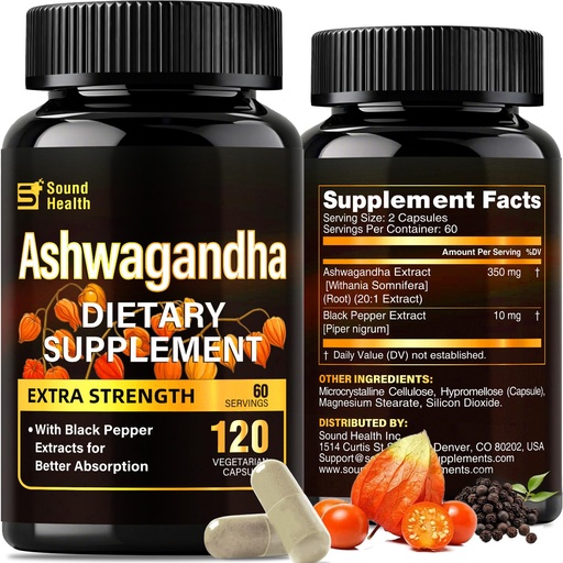 [BRSRA2QPCMMRYFD3] SoundHealth Organic Ashwagandha Capsules Supplement - 120 Capsules (60 Servings)