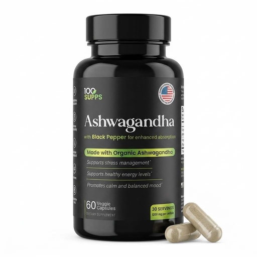 [BRSRABIBDIHA23L6] Ashwagandha Capsules with Black Pepper Extract 4:1 (10mg), Made with Organic Ashwagandha Powder, 1200mg per Serving, 60 Veggie Capsules (30-Day Supply), Gluten Free, Manufactured in USA