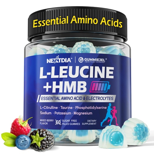 [BRSREAAECINBS33U] Hmb and L-Leucine Gummies, Pre Work Essential Amino Acids EAA Supplements for Men & Women, w/Branched-Chain Amino (BCAA) & 4 Hydration Electrolytes, Taurine, B12 & D3 for Fast Workout Recovery, 60Cts