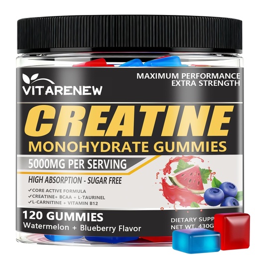 [BRSRECTQBUMWKEQV] Creatine Gummies 120 Count - Watermelon Blueberry Flavor, 5000mg Creatine Monohydrate with BCAA, L-Taurine & Electrolytes for Muscle Growth, Strength & Energy - Chewable for Men & Women