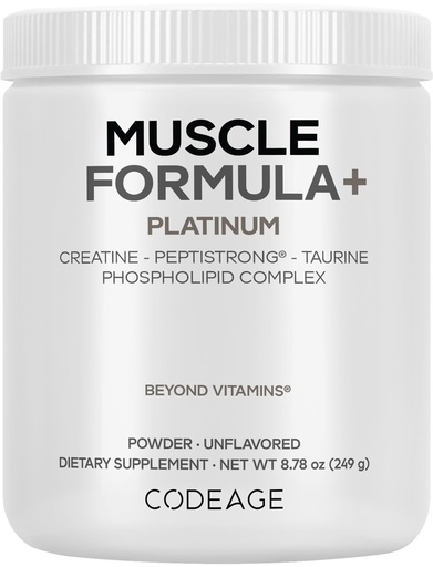 [BRSREGINPMCGKADV] Codeage Muscle Formula+ Platinum Supplement - Creatine Monohydrate, PeptiStrong Fava Bean Protein Hydrolysate, Taurine, Vitamin D3, Liposomal Delivery - Non-GMO - Unflavored Protein Powder - 8.78 Oz