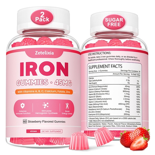 [BRSRAH33OYMQGAYU] Vegan 2 Pack Iron Supplement Gummies for Women & Men, Anemia, Blood Builder & Energy Support for Iron Deficiency, with Vitamin C, A, B Complex, Folate, CoQ10, Sugar Free, Non-GMO, 120 Count