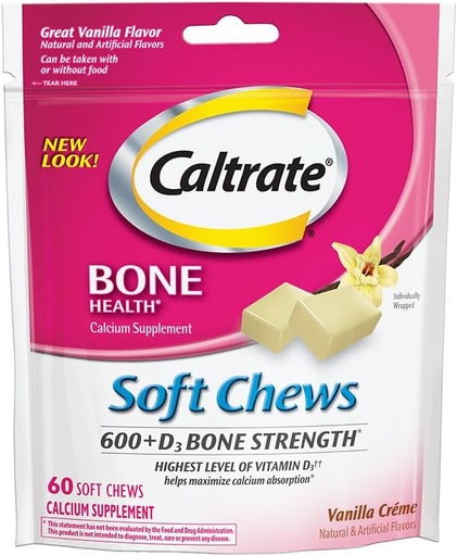 [BRSWKYQPAF7WO232] Caltrate 600+D3, Calcium and Vitamin D3 Supplement Soft Chews, 600mg (Vanilla Crème Flavor, 60 Count)