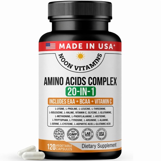 [BRSRGZA5A4MRQCLB] Amino Acid Capsules for Muscle Recovery EAA + BCAA Complex 2550mg, 20 Aminos + L-Lysine & Vitamin C Supports Energy & Performance 120 Vegetable Capsules, Halal
