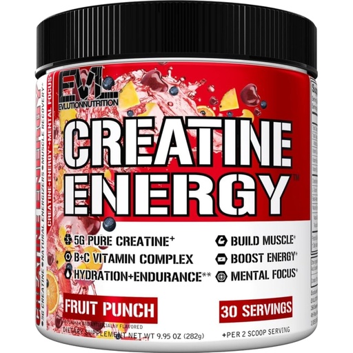 [BRSREEI2CUBGO23H] Evlution Nutrition Creatine Energy - Supports Muscle Growth, Boosts Energy, Endurance & Cognition - 5g Pure Creatine Monohydrate Per Serving - B + C Vitamin Complex - 30 Servings - Fruit Punch