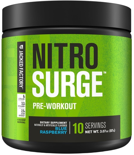 [BRSRG236BYPB4ETX] Jacked Factory NITROSURGE Pre Workout Supplement - Endless Energy, Instant Strength Gains, Clear Focus, Intense Pumps - NO Booster & Preworkout Powder with Beta Alanine - 10 Servings, Blue Raspberry