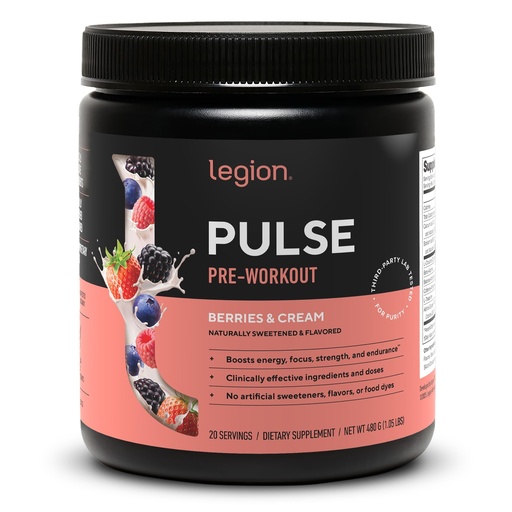 [BRSREGILDEBWOAL2] LEGION Pulse - All Natural Nitric Oxide Preworkout Drink to Boost Energy, Creatine Free, Naturally Sweetened, Beta Alanine, Citrulline, Alpha GPC (Berries and Cream)