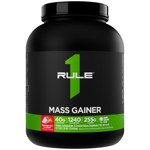 [BRSRMGAEBUMWYFDZ] Rule 1 Proteins Mass Gainer - High-Calorie Weight Gain Formula with 1,220+ Calories, 250g+ Complex Carb Blend, 40g All-Whey Protein Per Serving (8 Servings, Strawberries & Crème)