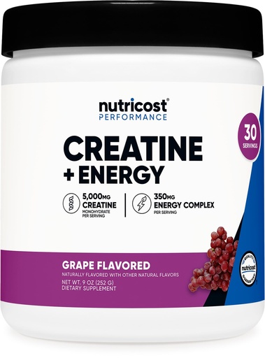 [BRSREY33OEIBSHLH] Nutricost Creatine + Energy 30 Servings (Grape Flavored) - 5,000mg Creatine Monohydrate + 350mg Energy Complex Per Serving