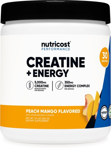 [BRSREY3YBZ7WMYDZ] Nutricost Creatine + Energy 30 Servings (Peach Mango Flavored) - 5,000mg Creatine Monohydrate + 350mg Energy Complex Per Serving