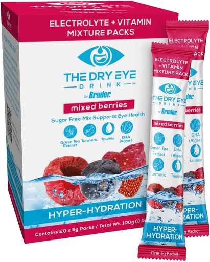 [BRSW22YYOYPWGGY7] l Ultimate Hydration for Dry Eyes l Sugar-Free Electrolyte Powder Packets l Blended with Vitamins, Green Tea, Turmeric, Taurine, and DHA l 5g x 20 Packets (Mixed Berry)