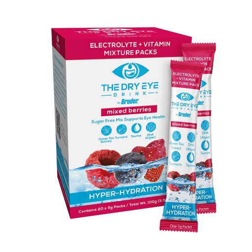 [BRSW22YYOYPWGGY7] l Ultimate Hydration for Dry Eyes l Sugar-Free Electrolyte Powder Packets l Blended with Vitamins, Green Tea, Turmeric, Taurine, and DHA l 5g x 20 Packets (Mixed Berry)