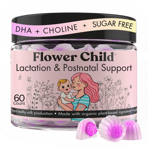 [BRSREGADOUFA2FAZ] Flower Child Breastfeeding Gummies for Milk Production with Organic Moringa, Milk Thistle, Choline & DHA, Lactation Supplement Postnatal Recovery Vitamins, Fenugreek Free, Vegan, 60 Count