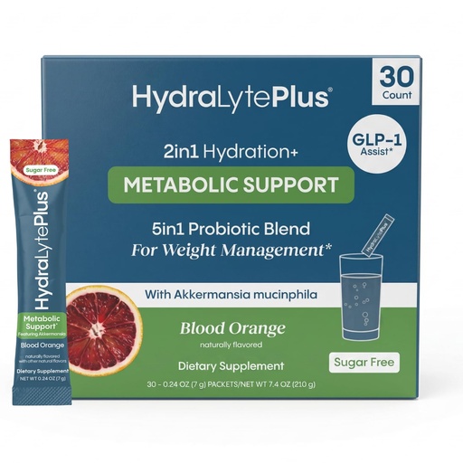 [BRSREGABOIOW23TO] Hydralyte Plus Metabolic Support - GLP-1 Weight Loss Management and Gut Health - 5in1 Probiotic Blend - Akkermansia Muciniphila + Prebiotic Fiber + Electrolytes - Sugar Free (30 Packets)