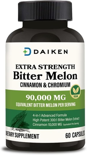 [BRSRABD2CUIWM33O] DAIKEN Bitter Melon, Canyella i Chromi, 90.000 mg equivalent per Servint força extra, 100% Vegetarian Meloson Capsules amb Canyella Chromium i Zinc, 60 Capules