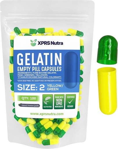 [BRSWYAQZCQBB4D3V] XPRS Nutra Size 2 Empty Capsules - 100 Count Empty Gelatin Capsules - Pills DIY Capsule Filling - Pure Bovine Pill Gel Caps for Do-It-Yourself Supplements (Green/Yellow)
