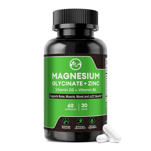 [BRSRMCYHCABAGC3X] Magnesium Glycinate Capsules, Magnesium Glycinate Supplement with Zinc, Vitamin D3 & B6 - Promotes Nerve, Bowel, Relaxation Function - 60 Vegan Capsules