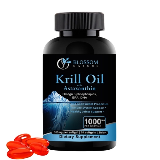 [BRSROFALBF6AODT3] ​Antarctic Krill Oil 1000mg Softgels with Astaxanthin – Omega-3 EPA & DHA Supplement for Heart, Brain, and Joint Health in Form of Phospholipids– 60 Vanilla-Flavored Softgels
