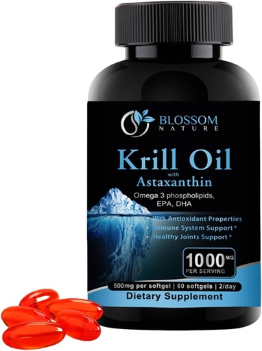 [BRSROFALBF6AODT3] ​Antarctic Krill Oil 1000mg Softgels with Astaxanthin – Omega-3 EPA & DHA Supplement for Heart, Brain, and Joint Health in Form of Phospholipids– 60 Vanilla-Flavored Softgels