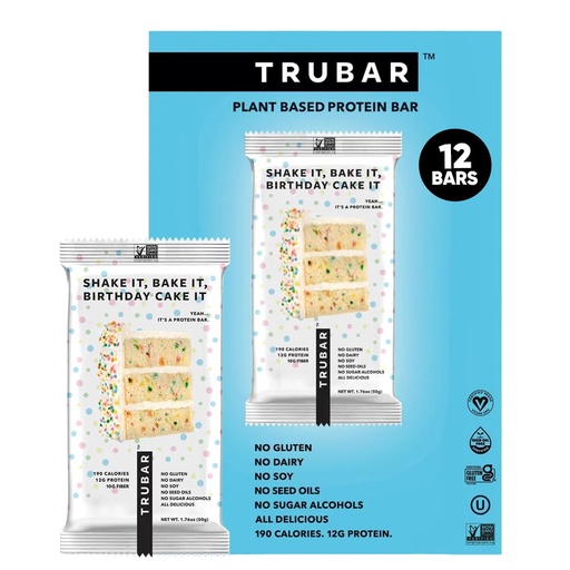 [BRSREZTQOYIWEALU] TRUBAR Vegan Protein Bar, Shake it Bake it Birthday Cake it, Gluten Free, Plant Based Protein, Dairy Free, Non GMO, Soy Free, No Sugar Alcohols, 12G Protein, 12G Fiber, 23G Carb, Snack Bars, 12ct