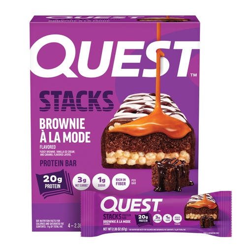 [BRSRGZA3AABWGC3A] Quest Nutrition Stacks Protein Bars, Brownie a la Mode Flavor, 20g Protein, 3g Net Carbs, 1g Sugar, High Fiber, Low Sugar, Gluten Free, 4 Count