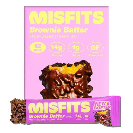 [BRSRE2QZOUPGAGT7] Misfits Vegan Protein Bars - Fudgey Brownie Batter| Nutrition Bars - 14g Protein, 1g Sugar, Plant-based, Low Carb, Non-GMO, Gluten Free Snacks | Pack of 12