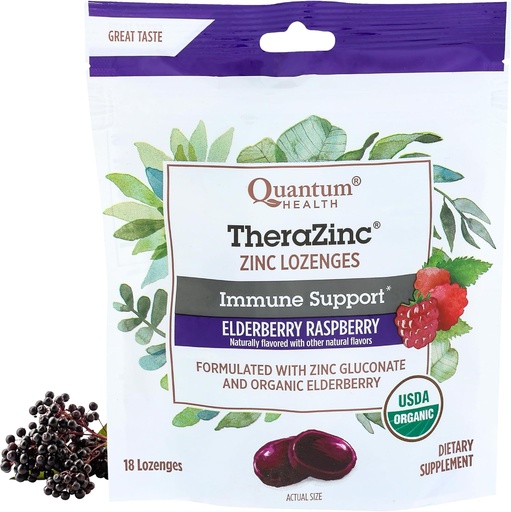 [BRSWECQ7DINWKYDK] Quantum Health TheraZinc Organic Zinc Lozenges Elderberry &amp; Honey - Soporte para adultos &amp; niños 12+ Naturalmente Flavored Raspberry Fast Relief con No Aftertaste - 18 Conde