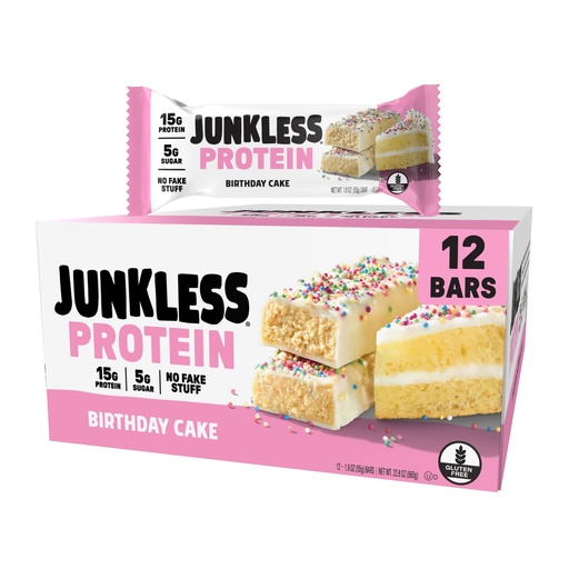 [BRSREHAQB55RSFI4] JUNKLESS Birthday Cake Protein Bars | 15g Protein, Low Sugar, High Fiber, Gluten Free | Healthy Snack for Kids & Adults | 12 Bars