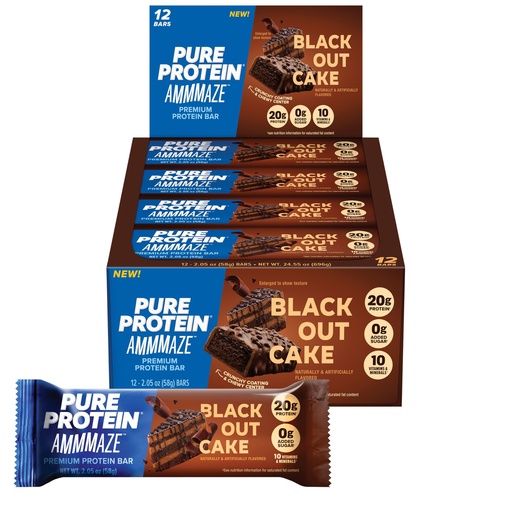 [BRSREAQZOBYGOA35] Pure Protein AMMMAZE Blackout Cake Protein Bars, 12 Count – 20g Protein, 3g Fiber, No Added Sugar – Chocolate Meal Replacement - On the Go Snacks