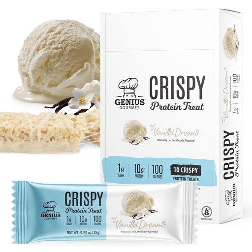 [BRSRMGQTCQMAOCLO] Genius Gourmet Crispy Protein Treat, Vanilla Dream, Keto Snack, Low Carb, Low Sugar & Gluten Free, Protein Snacks for Adults, 10G of Whey Protein per Protein Bar, 5 Net Carbs, On The Go Snack, 10 CT