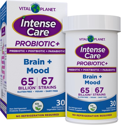[BRSRAYY2AQCBME34] Vital Planet - Intense Care Brain & Mood Probiotics, Organic Prebiotics, Postbiotics, Parabiotics, Complete 4-in-1 Health Supplement for Adults, 65 Billion CFU, 67 Strains, Digestive and Immune 30 ct
