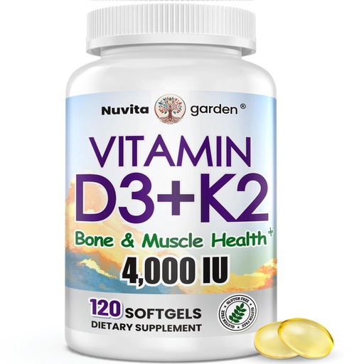 [BRSRGAA7AAGR6EI2] 4000 IU Vitamin D3 and 200mcg K2 Supplements with Maximum Bioavailability - Supports Bone, Calcium Balance, Immunity & Mood - 120 Capsules
