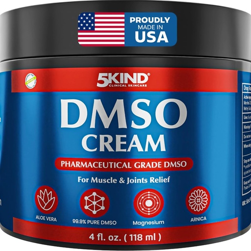 [BRSRABALOEPRSFDH] 5Kind DMSO Cream for Pain Relief 4 fl oz - 99.9% Pure DMSO Pharmaceutical Grade Cream - Aloe Vera, Magnesium, Arnica & Menthol - Topical Muscle and Joint Pain Relief - Registered NDC - Made in USA